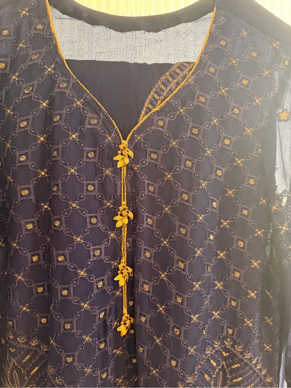 Navy Embroidered Sheer Long Kurta With Gold Threadwork View 3